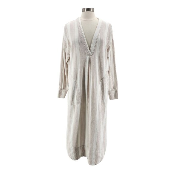 Free People Womens Medium Dress Midi Tunic V-Neck Striped Ivory Boho Hippie - Picture 14 of 14